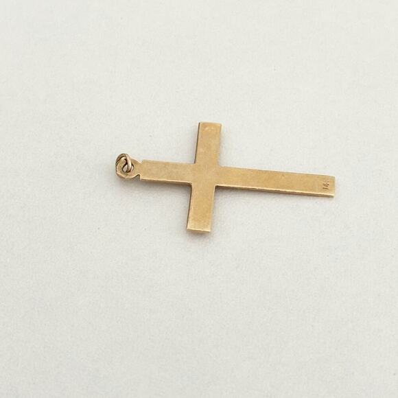 Vintage 14K Yellow Gold Diamond Etched Cross Religious Charm Pendant - Picture 6 of 12